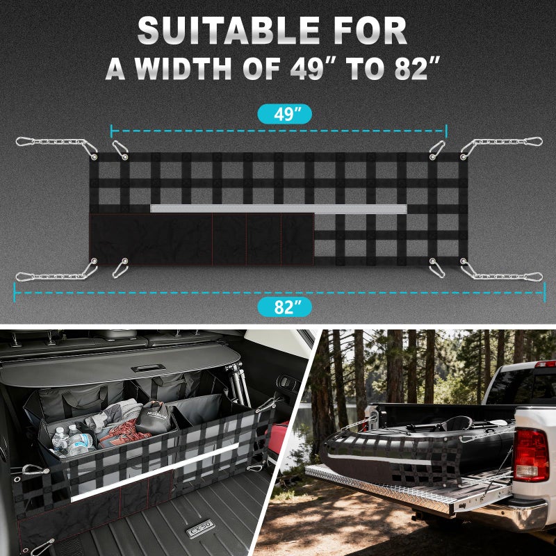 Duythy Upgraded 60" W X 18" T Tailgate Net for Pickup Truck Bed Storage with 4 Bags, Cargo Net for Pickup Truck Bed Divider with Reflective Strips, Heavy Duty Cargo Netting for Full Size Trucks 49â€-82â€ Wide - Image 2