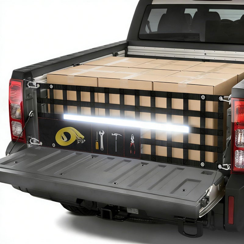 Duythy Upgraded 60" W X 18" T Tailgate Net for Pickup Truck Bed Storage with 4 Bags, Cargo Net for Pickup Truck Bed Divider with Reflective Strips, Heavy Duty Cargo Netting for Full Size Trucks 49â€-82â€ Wide - Image 1
