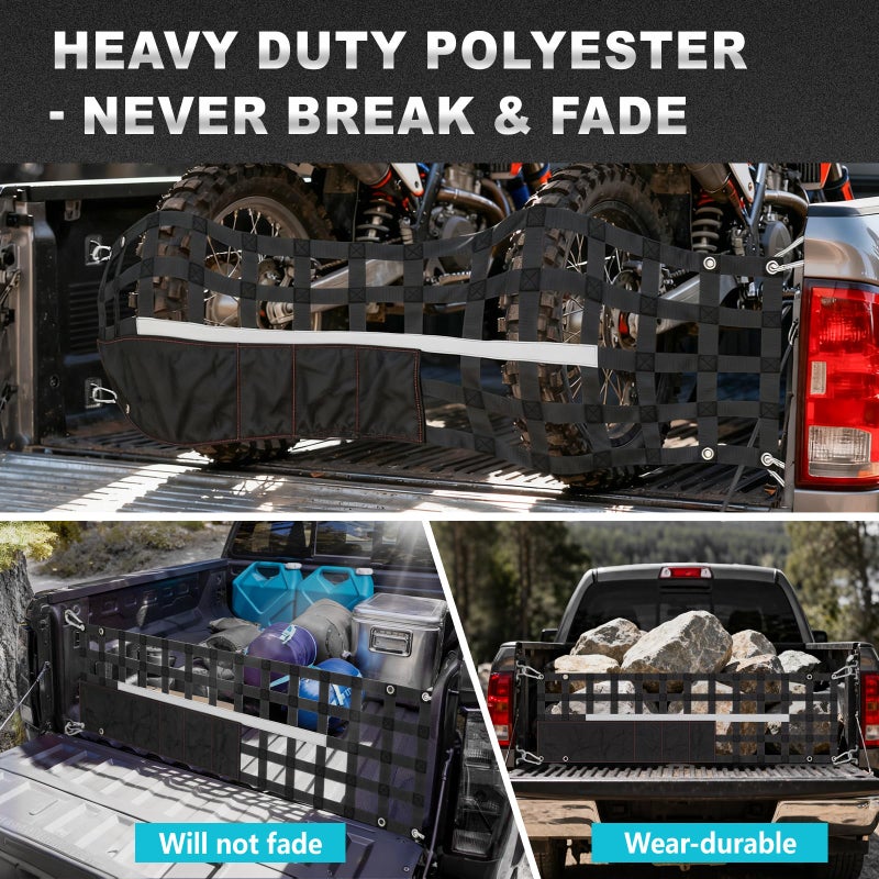 Duythy Upgraded 60" W X 18" T Tailgate Net for Pickup Truck Bed Storage with 4 Bags, Cargo Net for Pickup Truck Bed Divider with Reflective Strips, Heavy Duty Cargo Netting for Full Size Trucks 49â€-82â€ Wide - Image 3