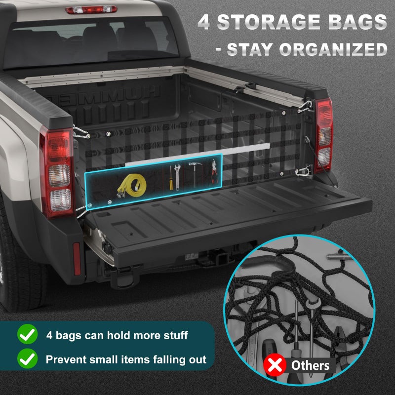 Duythy Upgraded 60" W X 18" T Tailgate Net for Pickup Truck Bed Storage with 4 Bags, Cargo Net for Pickup Truck Bed Divider with Reflective Strips, Heavy Duty Cargo Netting for Full Size Trucks 49â€-82â€ Wide - Image 4