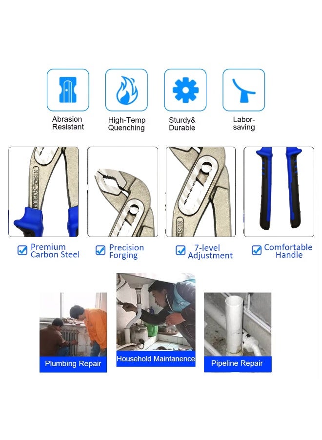 كماشة مضخة مياه قابلة للتعديل، مصنوعة من فولاذ الكروم والفاناديوم، مزودة بسبعة أخاديد لضبط سريع، مفتاح ربط أنابيب متعدد الوظائف، كماشة سباكة، مقبض مانع للانزلاق من مادة TPR، مناسبة لإصلاح السباكة، وصيانة المنازل، وأعمال خطوط الأنابيب، والصواميل، والمسامير، والأنابيب، والاستخدام الصناعي، والاستخدام الشاق. - Image 4