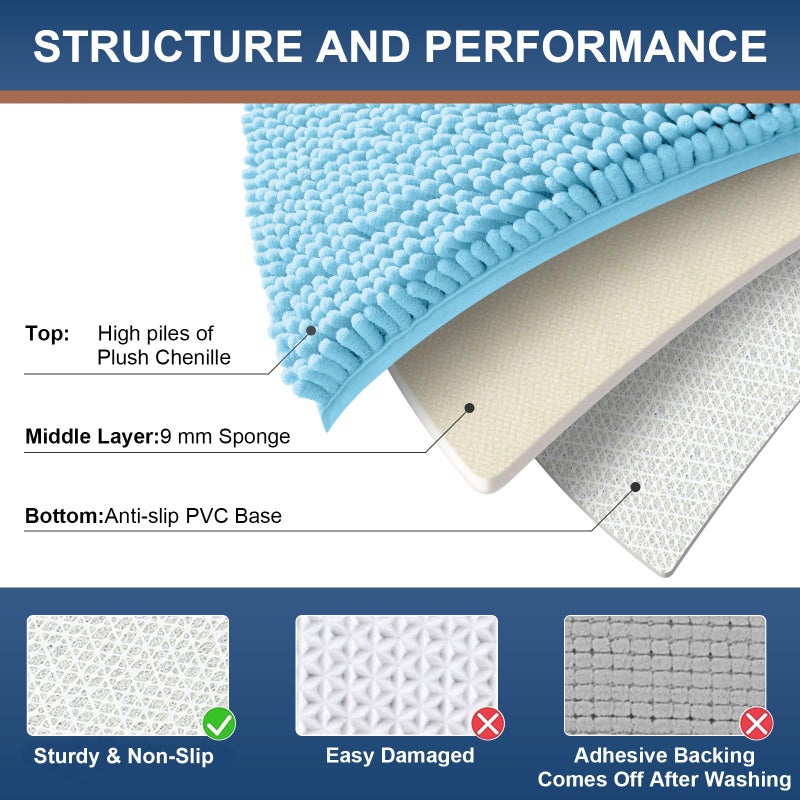 smiry سجادة حمام تشنيل الفاخرة الزائدة ناعمة وامتصاص أشعث السجاد سجاد السجاد قابلة للغسل غير قابلة للانزلاق سجادة الفخمة للاستحمام الحوض وغرفة الاستحمام (30'x20 '' السماء الأزرق) - Image 3