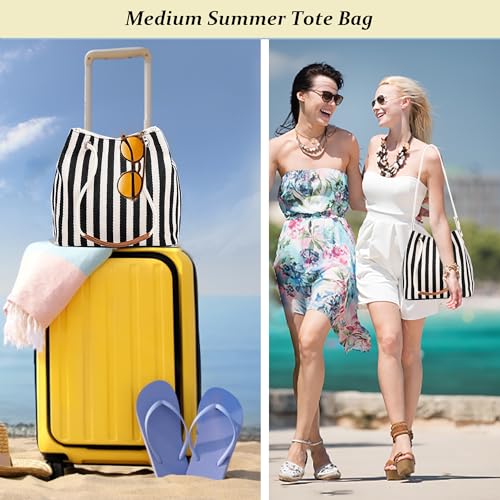 Bydenwely Women's Canvas Summer Tote Bags Medium Shoulder Bag Daily Working Handbag for Holiday Travel Pool (Black) - Image 2
