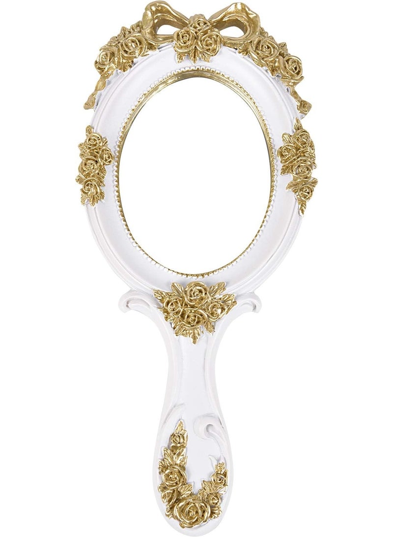 LAMAY Elegant Women's Handheld Mirror, Antique Embossed Floral Princess Pattern, Portable Travel Vanity Table Decor (White) - Image 1