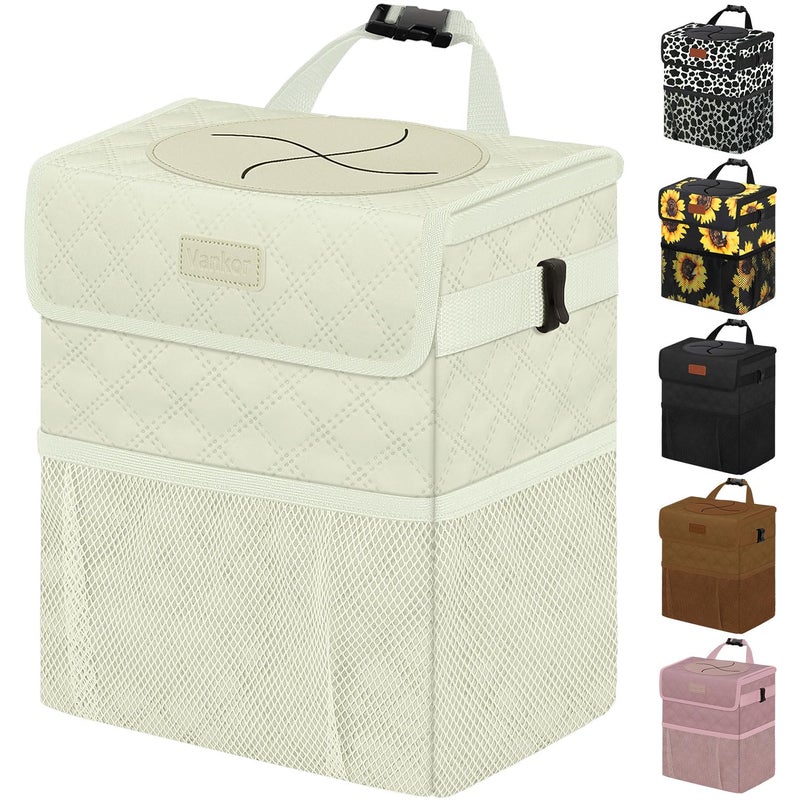 Vankor White Car Trash Can Cute White Car Accessories for Women Waterproof Automotive Garbage Cans Leak Proof Vehicle Trash Can Diamond PatternBeige