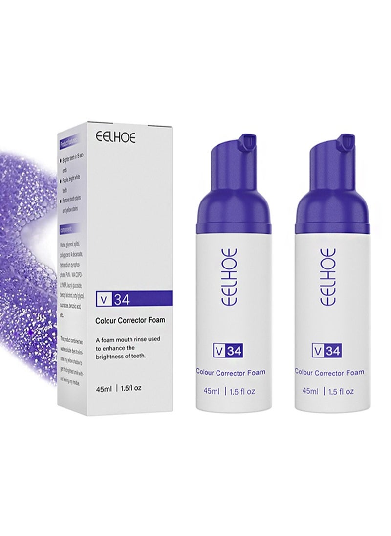 45ml Colour Corrector Foam，Purple Teeth Whitening Toothpaste, Teeth Whitener, V-34 Color Correcting Toothpaste, Foaming Toothpaste Whitening & Stain Removing (2 Bottles)