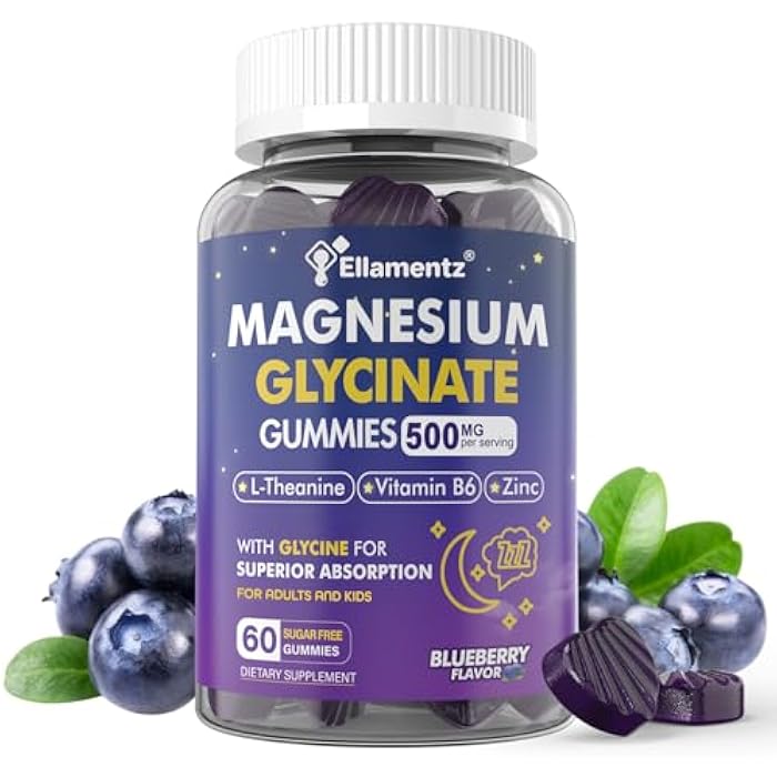 ELLAMENTZ Magnesium Glycinate Gummies for Kids 6+ & Adults, Kids Magnesium Sleep Aid Gummies 500mg/250mg with L Theanine, B6, Glycine, Zinc for Sleep, Calm, Relax Brain, Muscle, Melotonin Free, Sugar Free, 60Ct - Image 1