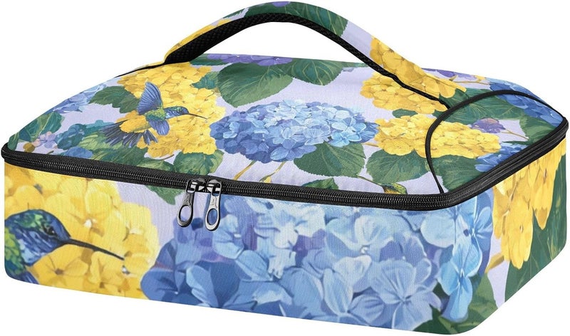 ElliTarr Casserole Carrier Insulated Casserole Dish Carrier Thermal Food Warmer Bag Lasagna Holder Lugger Tote Potluck Containers for Travel Picnic Party Blue Hydrangeas Hummingbirds - Image 1