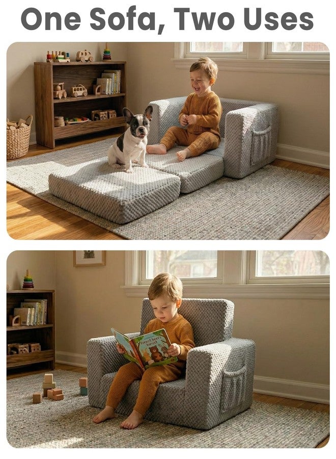 TinyPalsa Foldable Toddler Couch with Soft Sherpa Cover, 2-in-1 Comfy Toddler Sofa & Lounger for 1-3 Years Old Girls Boys, Kids Chair with Pockets & Handle for Reading, Playroom (Grey) - Image 2