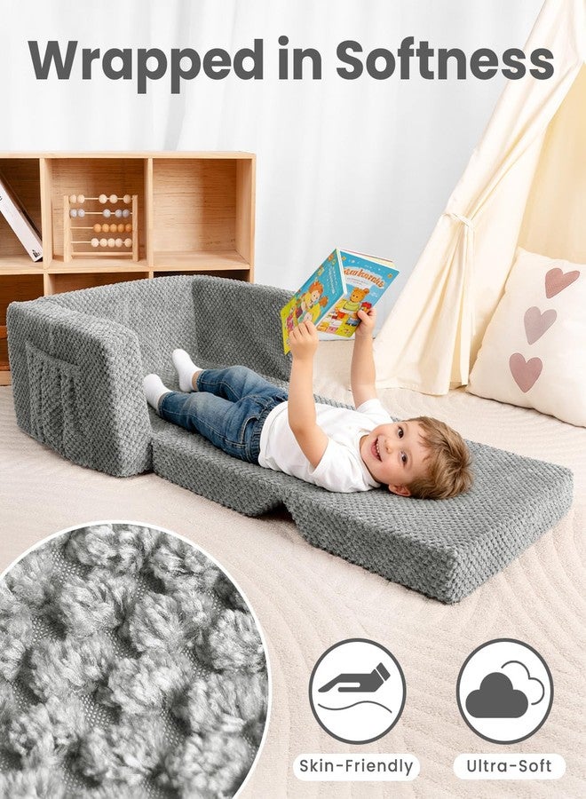 TinyPalsa Foldable Toddler Couch with Soft Sherpa Cover, 2-in-1 Comfy Toddler Sofa & Lounger for 1-3 Years Old Girls Boys, Kids Chair with Pockets & Handle for Reading, Playroom (Grey) - Image 4