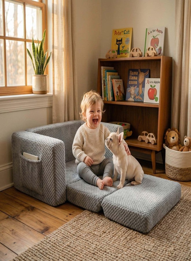 TinyPalsa Foldable Toddler Couch with Soft Sherpa Cover, 2-in-1 Comfy Toddler Sofa & Lounger for 1-3 Years Old Girls Boys, Kids Chair with Pockets & Handle for Reading, Playroom (Grey) - Image 1