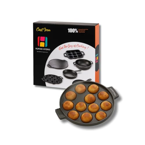 Human Hydro Pre Seasoned Cast Iron Paniyaram Pan 20cm/8inch (12-Pit) Cook Delicious Gunta Ponganalu, Appam Patra, Litti, Paddu, Paniyarakkal Pan for Appe and Kuzhi, Nonstick 100% Pure & Toxin-Free - Image 1