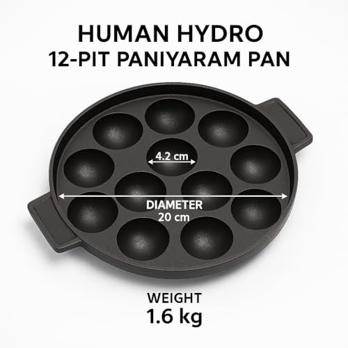 Human Hydro Pre Seasoned Cast Iron Paniyaram Pan 20cm/8inch (12-Pit) Cook Delicious Gunta Ponganalu, Appam Patra, Litti, Paddu, Paniyarakkal Pan for Appe and Kuzhi, Nonstick 100% Pure & Toxin-Free - Image 2