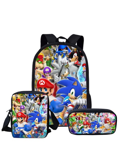 Mario cartoon backpack, primary and secondary school student backpack, large capacity backpack, three piece set, single shoulder bag, pencil case, unisex