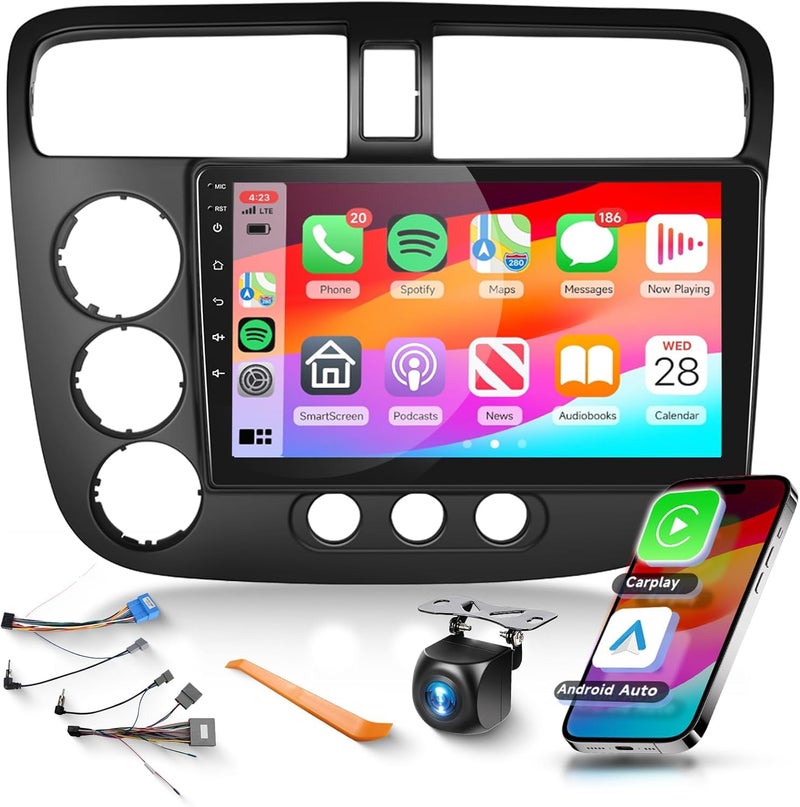 Podofo Car Stereo for Honda Civic 2001 2002 2003 2004 2005 Radio,Built-in DSP EQ Wireless CarPlay/Android Auto/MirrorLink/9inch HD IPS Touch Screen 26UIs/Bluetooth/GPS Chip/WiFi/AHD Backup Camera/SWC - Image 1