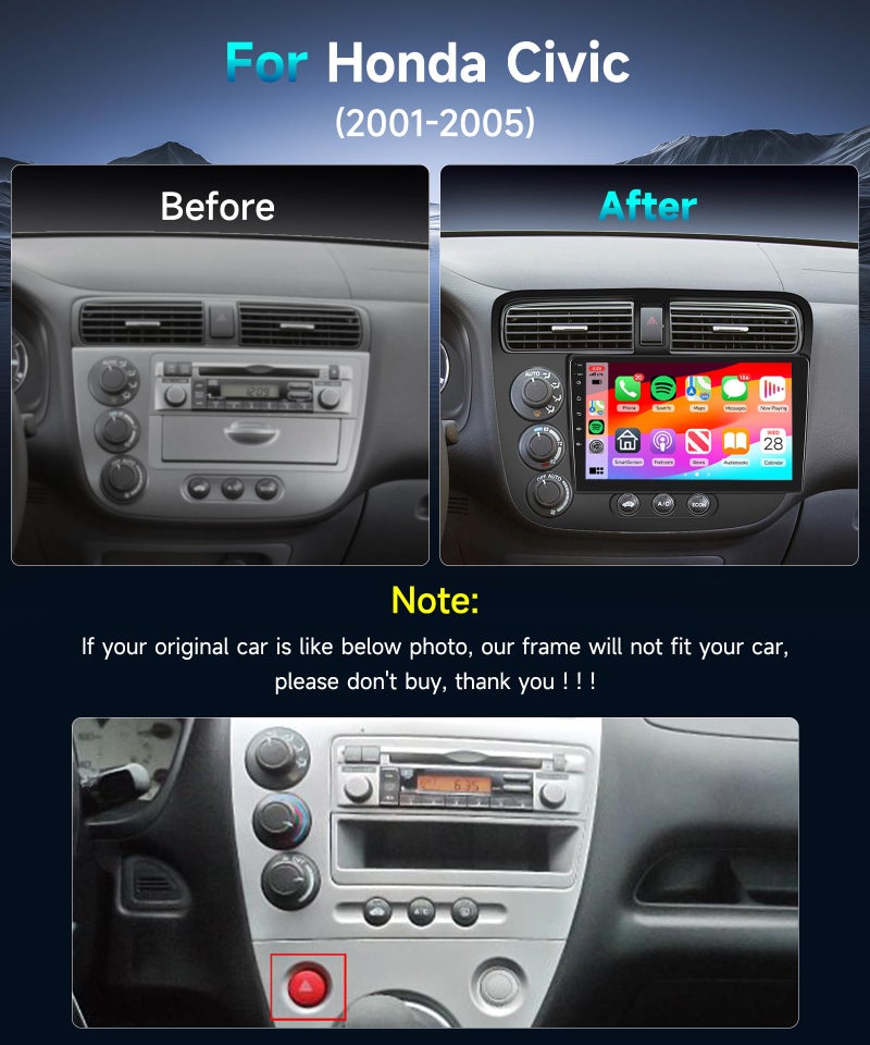 Podofo Car Stereo for Honda Civic 2001 2002 2003 2004 2005 Radio,Built-in DSP EQ Wireless CarPlay/Android Auto/MirrorLink/9inch HD IPS Touch Screen 26UIs/Bluetooth/GPS Chip/WiFi/AHD Backup Camera/SWC - Image 2