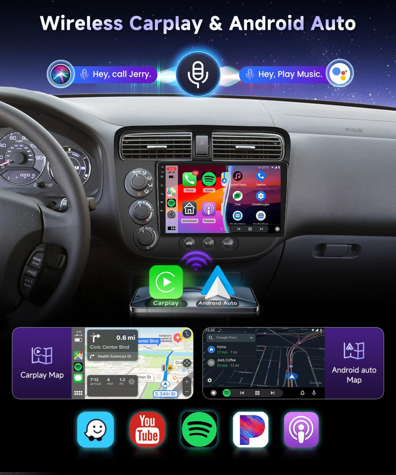 Podofo Car Stereo for Honda Civic 2001 2002 2003 2004 2005 Radio,Built-in DSP EQ Wireless CarPlay/Android Auto/MirrorLink/9inch HD IPS Touch Screen 26UIs/Bluetooth/GPS Chip/WiFi/AHD Backup Camera/SWC - Image 4