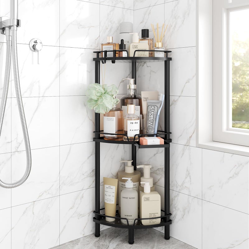 ELYKEN Corner Shower Caddy Standing 3 Tier Rustproof Metal Shower Organizer with Soap Holder Floor Shower Corner Shelf Rack Storage Stands with Adjustable Feet 2 Hooks for Bathroom Black
