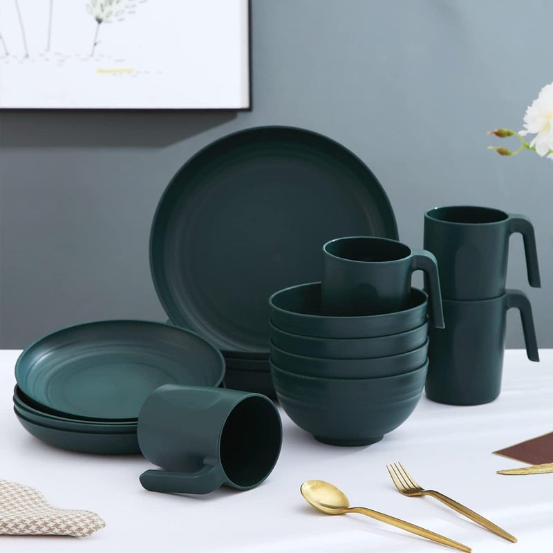 Kyraton Plastic Dinnerware Set of 16 Pieces, Unbreakable and Reusable Light Weight Plates Mugs Bowls Dishes Easy to Carry and Clean Microwave Safe BPA Free Dishwasher Safe Service for 4 (Dark Green) - Image 3