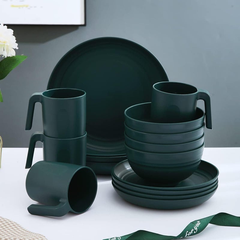 Kyraton Plastic Dinnerware Set of 16 Pieces, Unbreakable and Reusable Light Weight Plates Mugs Bowls Dishes Easy to Carry and Clean Microwave Safe BPA Free Dishwasher Safe Service for 4 (Dark Green) - Image 2