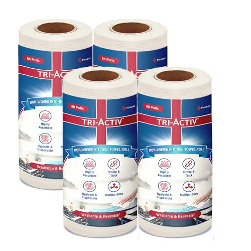 Tri-Activ Washable & Reusable Kitchen Towel Roll | 80 Pulls per Roll, 320 Sheets Pack of 4 | Highly Absorbent Kitchen Tissue Roll | Non Woven Fabric | Better alternative to Paper Tissue Roll | White - Image 1