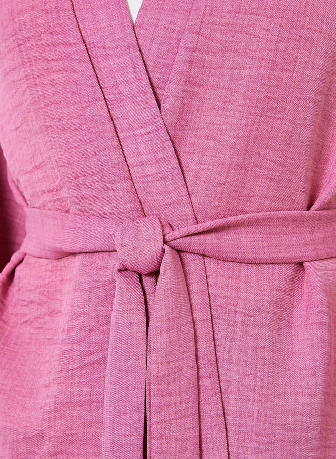 ستايلي كيمونو نسائي وردي سادة بحزام - Image 2