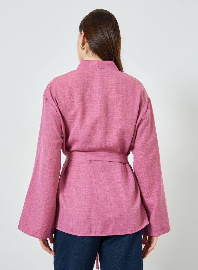 ستايلي كيمونو نسائي وردي سادة بحزام - Image 3