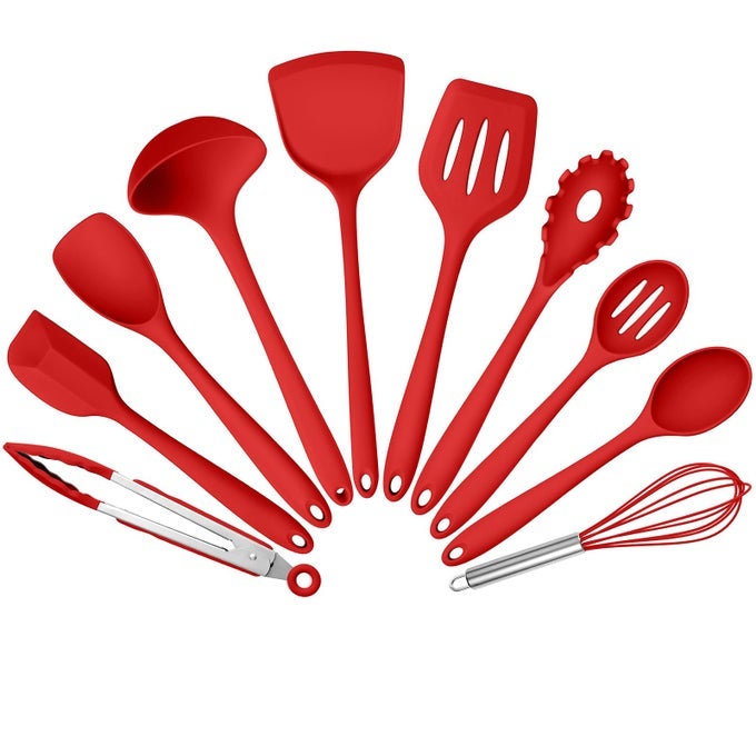 SILICONE COOKING UTENSILS SET OF 10 KITCHEN UTENSILS SET FOR COOKING 446F HEAT RESISTANT SILICONE KITCHEN TOOLS WITH TURNER SPATULA SOUP LADLE SERVING SPOONS TONGS FOR NONSTICK COOKWARE RED