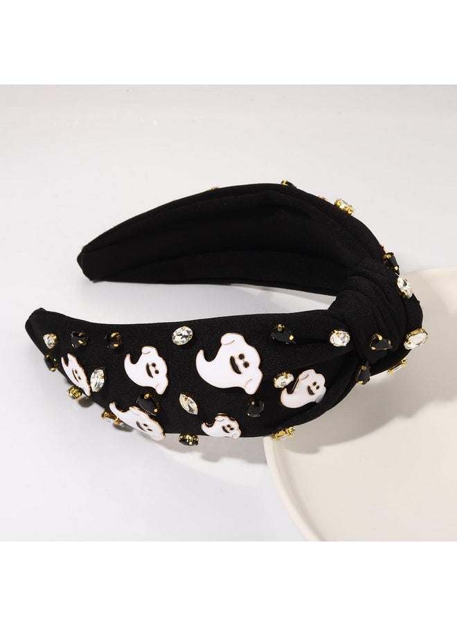 Boderier Halloween Headband Spooky Ghost Headband Jeweled Crystal Embellished Wide Knotted Headband Halloween Costumes Hair Accessories Happy Ghost-Black  - Image 3
