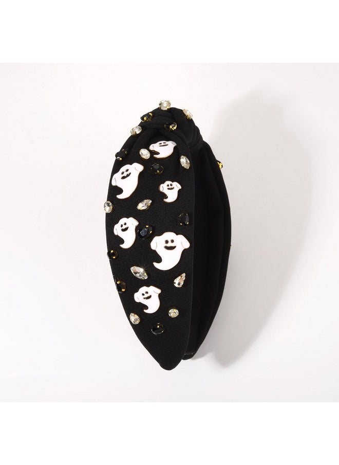 Boderier Halloween Headband Spooky Ghost Headband Jeweled Crystal Embellished Wide Knotted Headband Halloween Costumes Hair Accessories Happy Ghost-Black  - Image 5