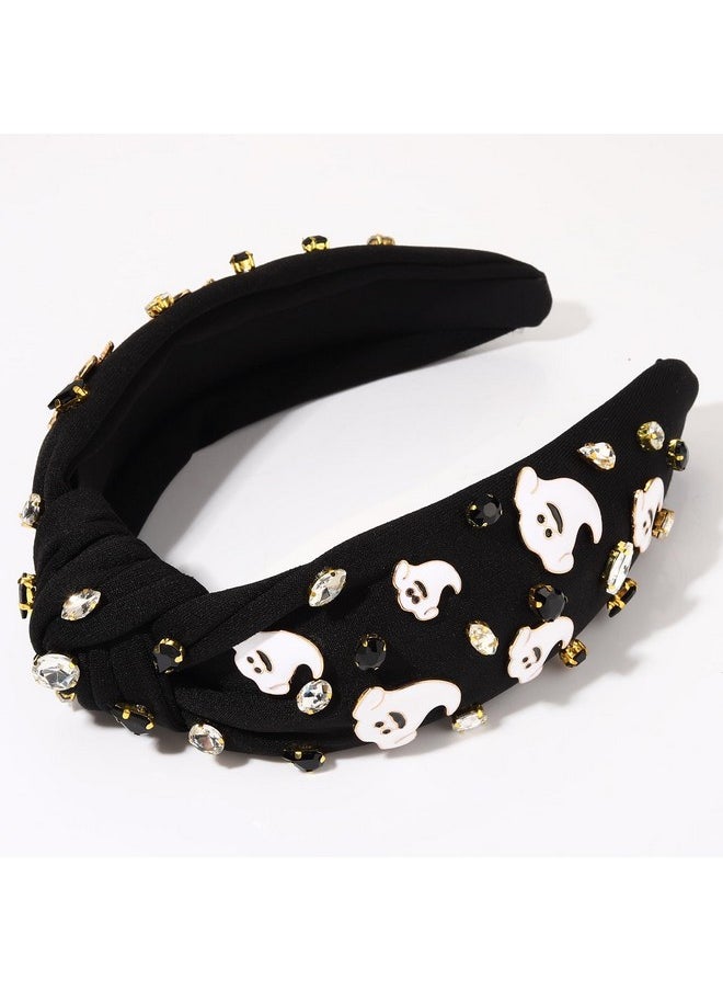 Boderier Halloween Headband Spooky Ghost Headband Jeweled Crystal Embellished Wide Knotted Headband Halloween Costumes Hair Accessories Happy Ghost-Black  - Image 2