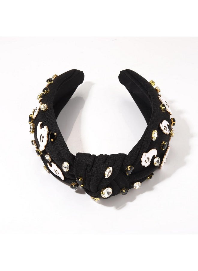 Boderier Halloween Headband Spooky Ghost Headband Jeweled Crystal Embellished Wide Knotted Headband Halloween Costumes Hair Accessories Happy Ghost-Black  - Image 4