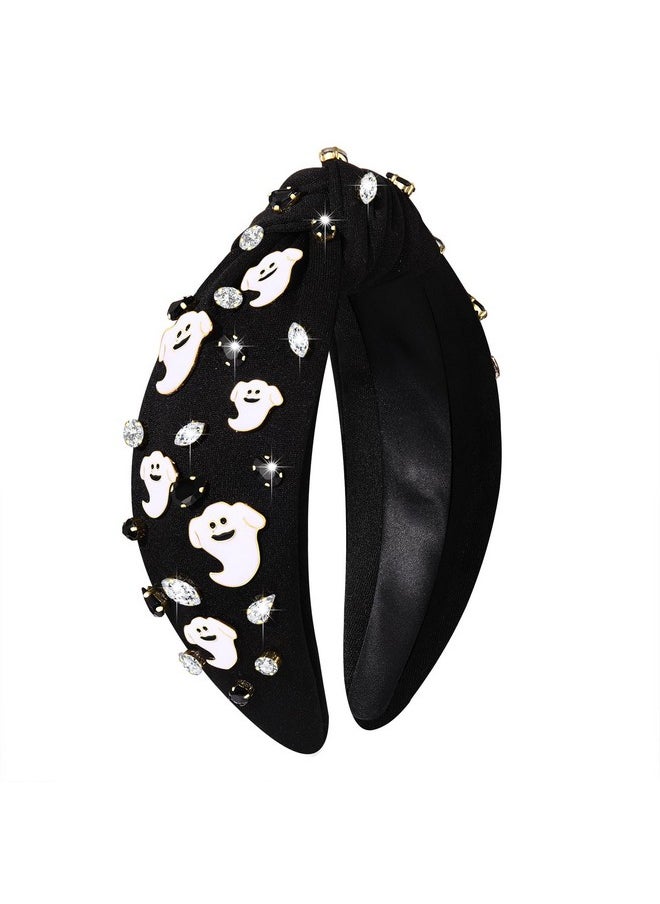 Boderier Halloween Headband Spooky Ghost Headband Jeweled Crystal Embellished Wide Knotted Headband Halloween Costumes Hair Accessories Happy Ghost-Black  - Image 1