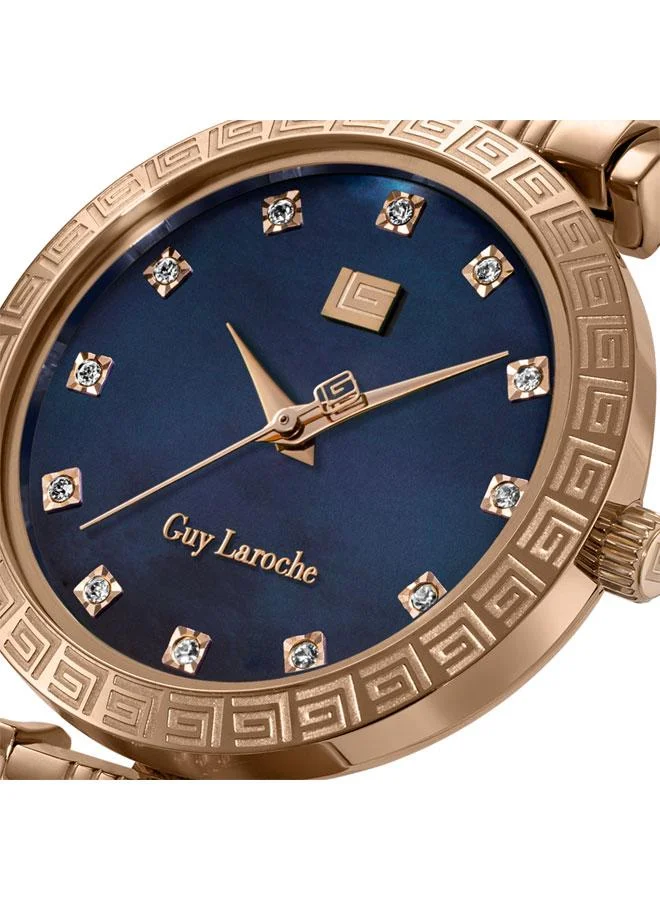 Guy Laroche Silver/Rose Gold Elodie Blue Mother of Pearl Dial Silver-Rose Gold Metal Bracelet Analog Watch for Women 32mm for Women | Best Price UAE