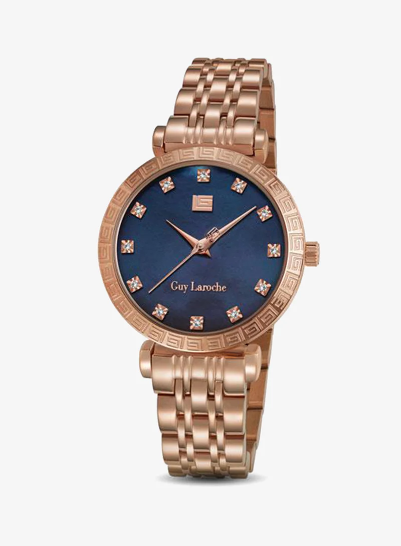Guy Laroche Elodie Blue Mother of Pearl Dial Silver-Rose Gold Metal Bracelet Analog Watch for Women 32mm