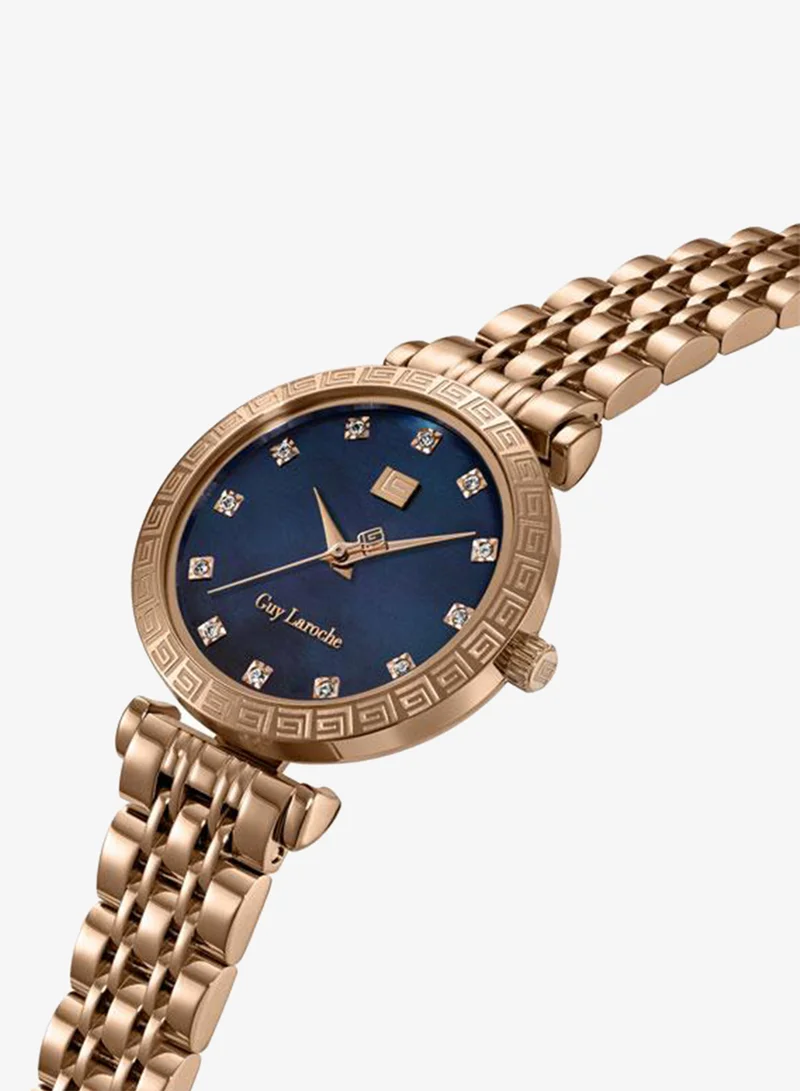 Guy Laroche Elodie Blue Mother of Pearl Dial Silver-Rose Gold Metal Bracelet Analog Watch for Women 32mm