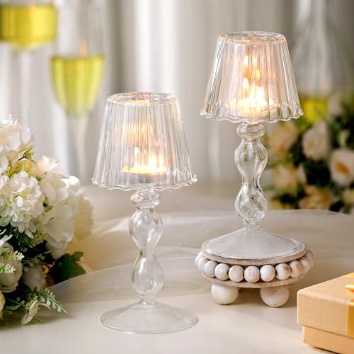 Jingmore 2 Pcs Crystal Candle Holders Lamp Shaped Crystal Tealight Candle Holders Table Centerpiece for Home Wedding Engagement Birthday Party Events Dining Table Decoration(Clear) - Image 1