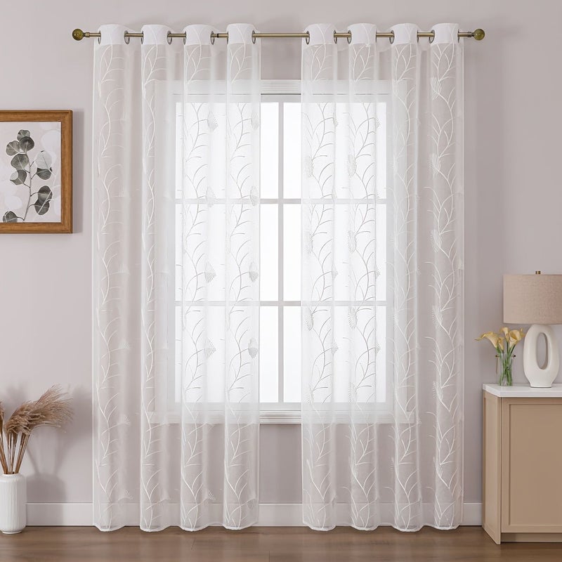 2pcs White Sheer Leaf Pattern Light Filtering Privacy Curtains 140x245cm - Image 1