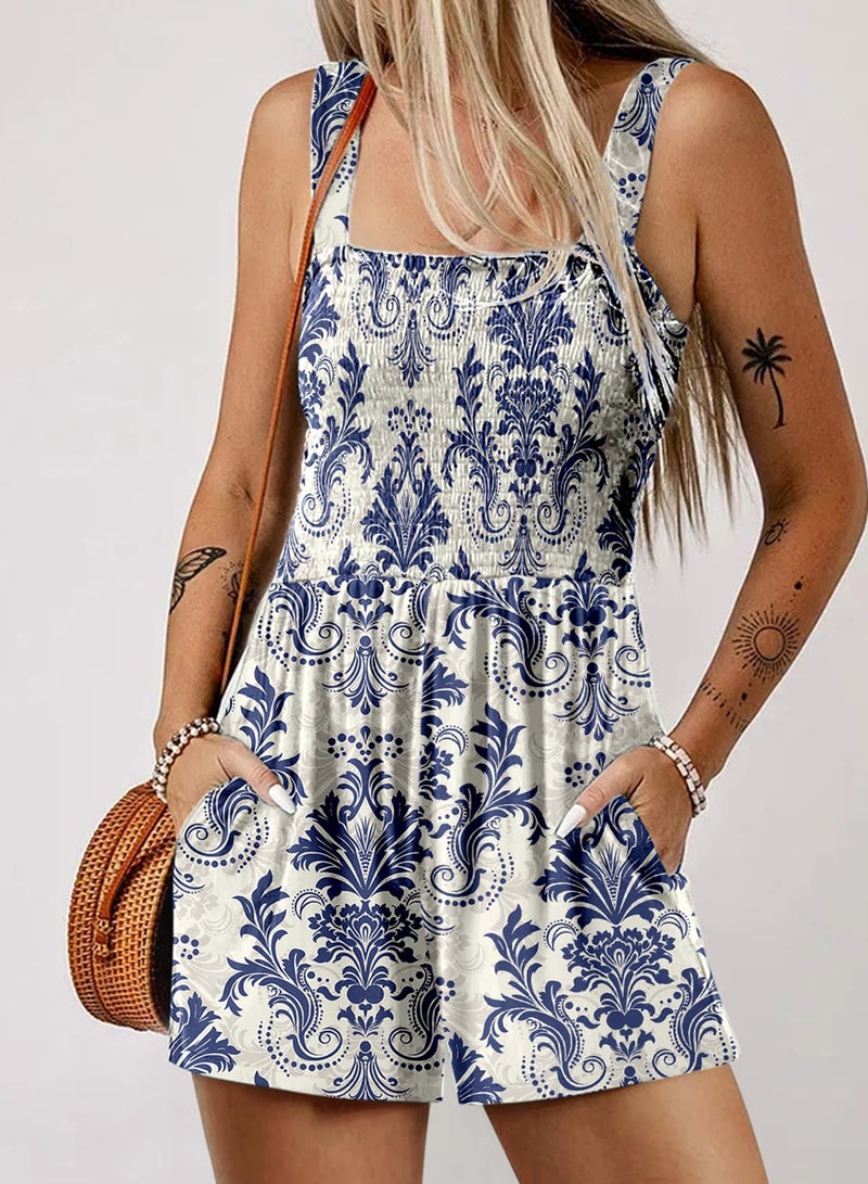 Dokotoo Rompers for Women 2026 Casual Loose Short Overalls One Piece Sleeveless Jumpsuits for Women Stretchy Wide Leg Short Pant Rompers Jumpsuit with Pockets Printed Summer Outfits Small Light Blue - Image 2