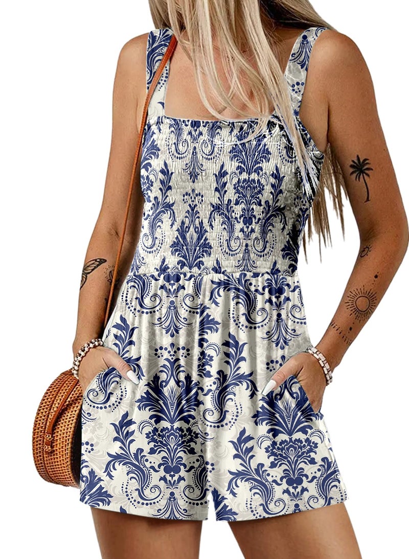 Dokotoo Rompers for Women 2026 Casual Loose Short Overalls One Piece Sleeveless Jumpsuits for Women Stretchy Wide Leg Short Pant Rompers Jumpsuit with Pockets Printed Summer Outfits Small Light Blue - Image 1