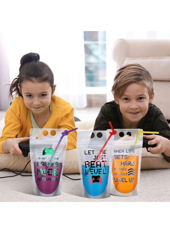 Suclain Video Game Party Favors Drink Pouch Cups With Straws Plastic Drink Pouches Clear Zipper Bags Reusable Drink Pouches For Birthday Party Decor Gamer Party Favors Gift (Red/Blue/Green/Orange, 24 Pcs)  - Image 2