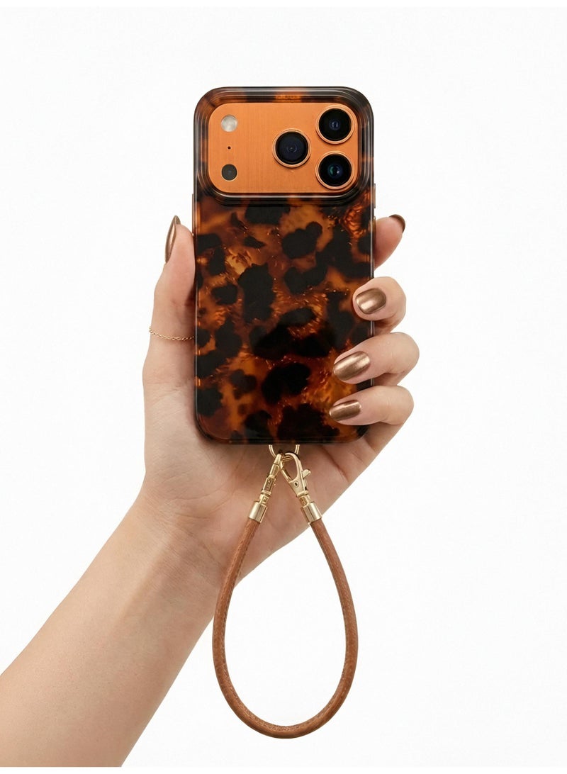 Aura Style Retro Glossy Leopard Case for iPhone 17 Pro with Lanyard, Women's Luxury Color Block Cover, Brown - Image 1