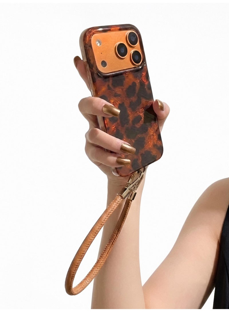 Aura Style Retro Glossy Leopard Case for iPhone 17 Pro with Lanyard, Women's Luxury Color Block Cover, Brown - Image 3