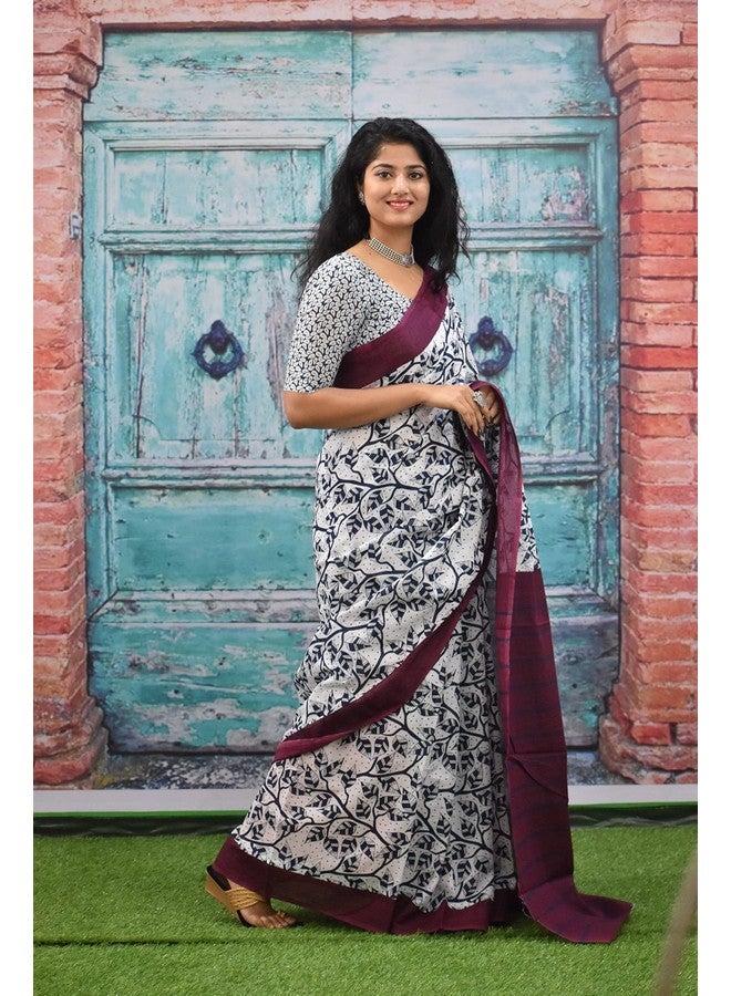 Kiaaron Women's Ikat Hand Block Print Jaipuri Cotton Mulmul Saree with Blouse Piece -White_Kia528 - Image 4