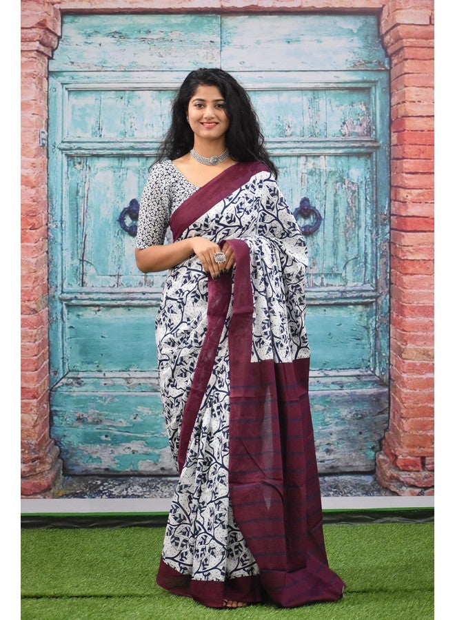 Kiaaron Women's Ikat Hand Block Print Jaipuri Cotton Mulmul Saree with Blouse Piece -White_Kia528 - Image 2