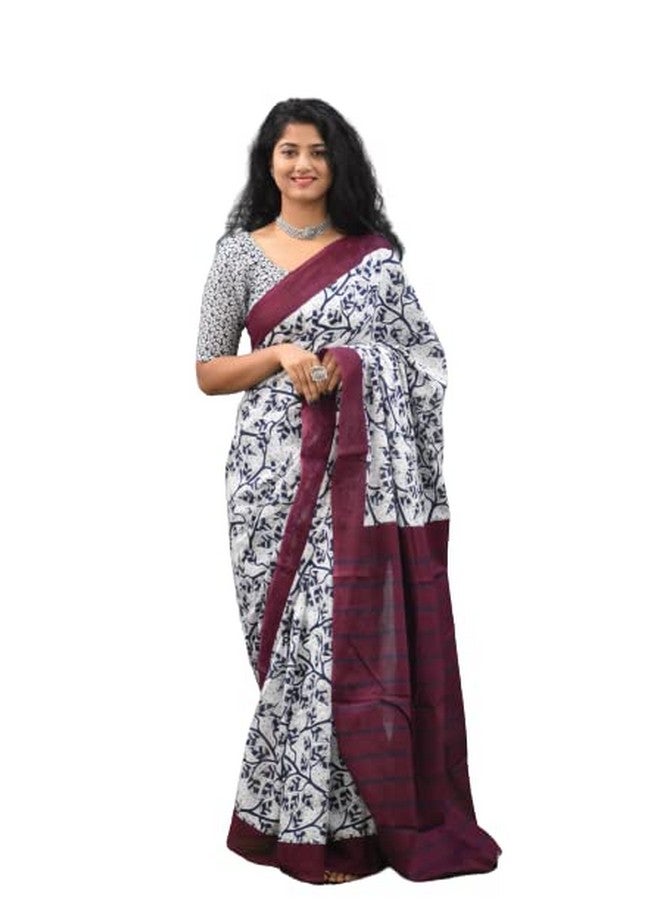 Kiaaron Women's Ikat Hand Block Print Jaipuri Cotton Mulmul Saree with Blouse Piece -White_Kia528 - Image 1