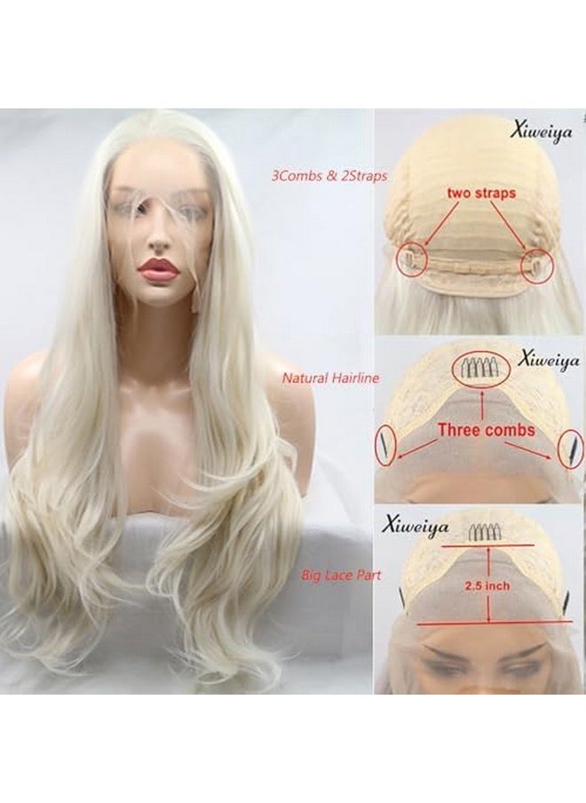 Xiweiya 60 Platinum Blonde Wavy Lace Front Wig Long Natural Wave White Blonde Synthetic Lace Front Wig Silver Blonde Wig Heat Resistant Fiber Wig For Woman 24Inch  - Image 5