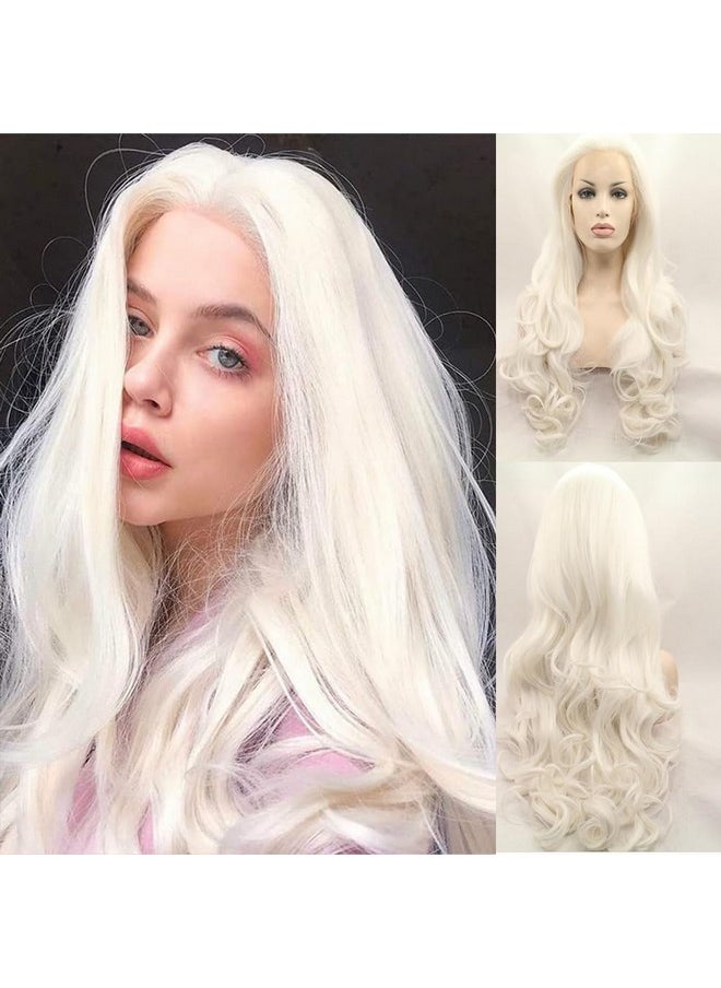 Xiweiya 60 Platinum Blonde Wavy Lace Front Wig Long Natural Wave White Blonde Synthetic Lace Front Wig Silver Blonde Wig Heat Resistant Fiber Wig For Woman 24Inch  - Image 1