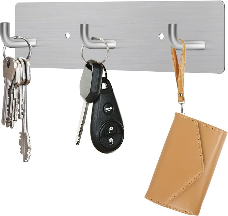 RELBRO Key Holder Wall Mount, Small Metal Self Adhesive Key Rack with 3 Hooks, 2 Installation Options, Silver - Image 1