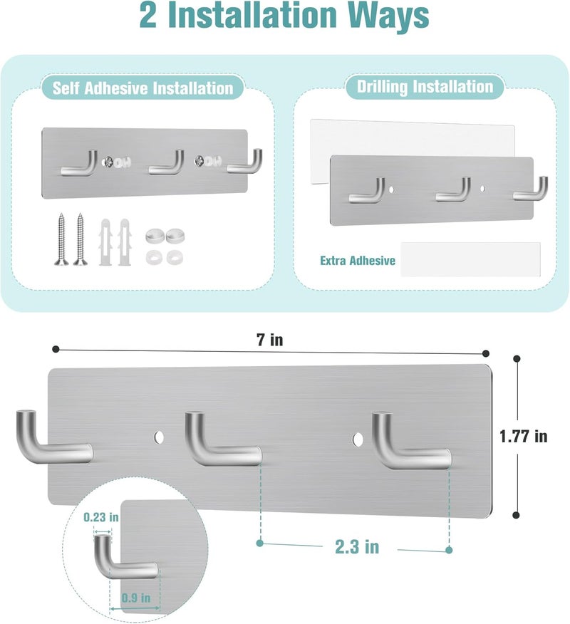 RELBRO Key Holder Wall Mount, Small Metal Self Adhesive Key Rack with 3 Hooks, 2 Installation Options, Silver - Image 2